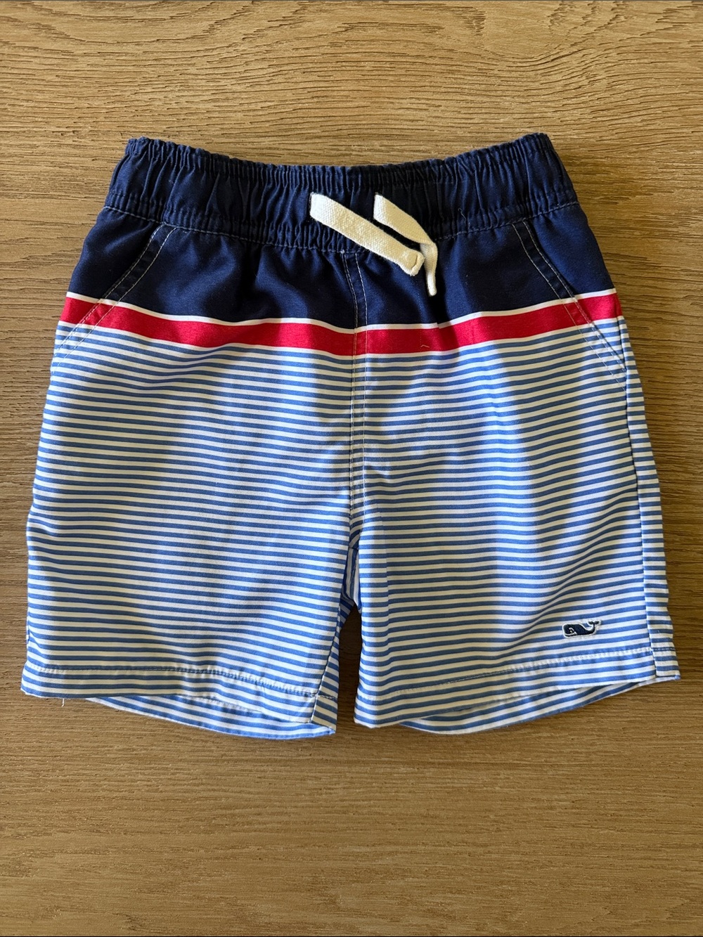 Vineyard Vines Navy, Light Blue & Red Striped Boys Swim Trunks 4T